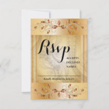 Cartão de RSVP dourado com detalhes de renda