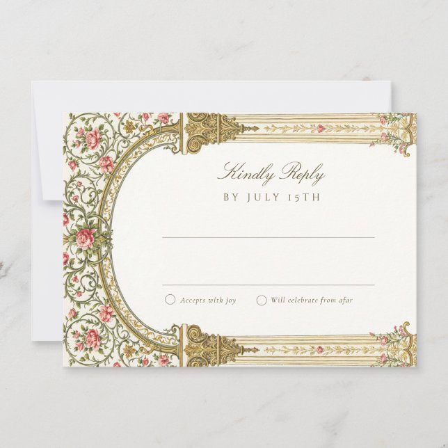 Cartão de RSVP Elegante com Dourado Barroco (Frente)