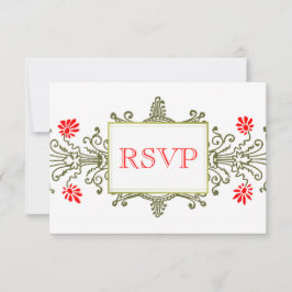 Cartão de RSVP Elegante Floral Ouro Vermelho Perso