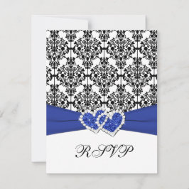 Cartão de RSVP em Azul Real, Branco, Preto Damask