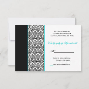 Cartão de RSVP em Preto Branco Turquesa Damask