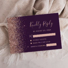 Cartão de RSVP em Rosa Ouro com Brilho Falso Roxo