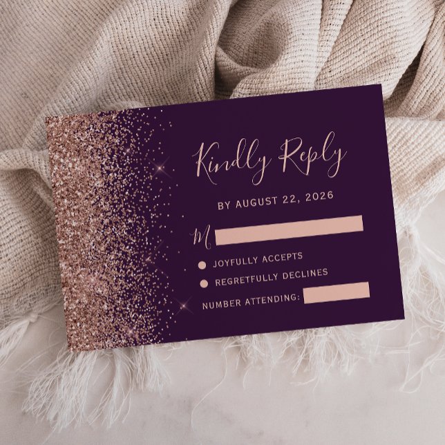 Cartão de RSVP em Rosa Ouro com Brilho Falso Roxo  (Criador carregado)