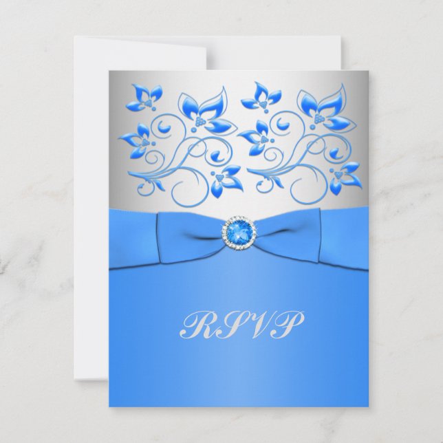 Cartão de RSVP Floral Azul e Prata (Frente)