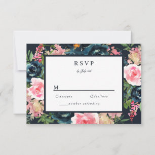 Cartão de RSVP Floral Azul Naval Romântico Rosa