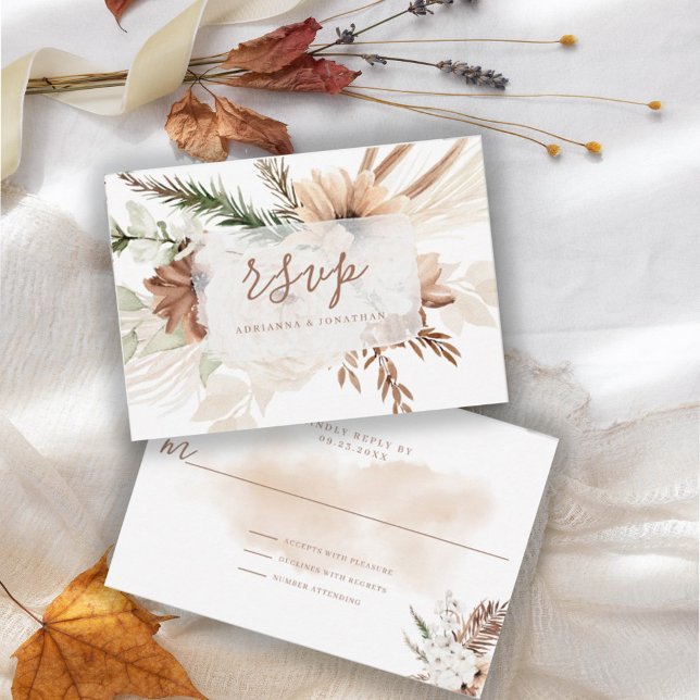 Cartão de RSVP Floral Boho Rústico Elegante Pampas (Criador carregado)