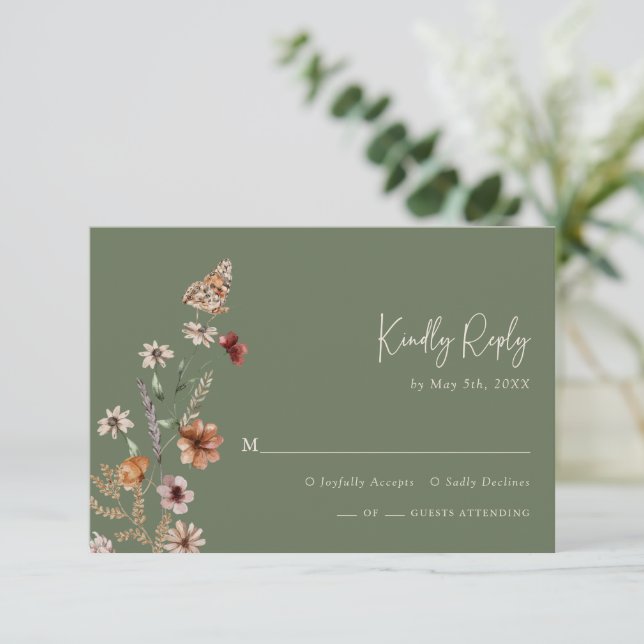 Cartão de RSVP Floral Boho Sage (Em pé/Frente)