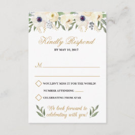 Cartão de RSVP Floral Branco e Dourado para Casame