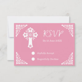 Cartão de RSVP Floral Cruz Batismo Rosa Pálido