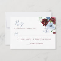 Cartão de RSVP floral em azul poeirento e burgundy
