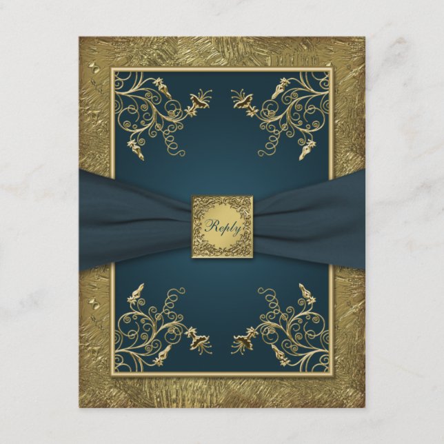 Cartão de RSVP Floral em Azul Turquesa e Dourado (Frente)