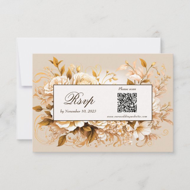 Cartão de RSVP Floral em Ouro e Marfim com Código  (Frente)
