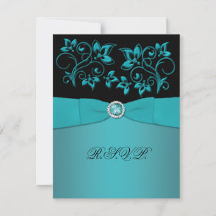 Cartão de RSVP Floral em Verde Azul e Preto com Jo