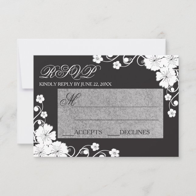 Cartão de RSVP - Floral Preto e Branco (Frente)