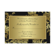 Cartão de RSVP Floral Preto e Dourado de Aniversár