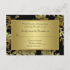Cartão de RSVP Floral Preto e Dourado de Aniversár