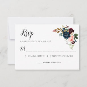 Cartão de RSVP floral rosa burgundy e azul marinho