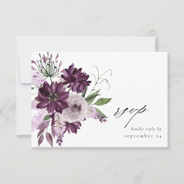 Cartão de RSVP Floral Roxo & Lavanda com Refeição (Frente)