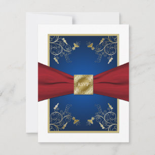 Cartão de RSVP Floral Vermelho, Branco e Azul