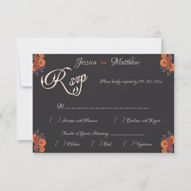 Cartão de RSVP formal elegante com flores laranja (Frente)