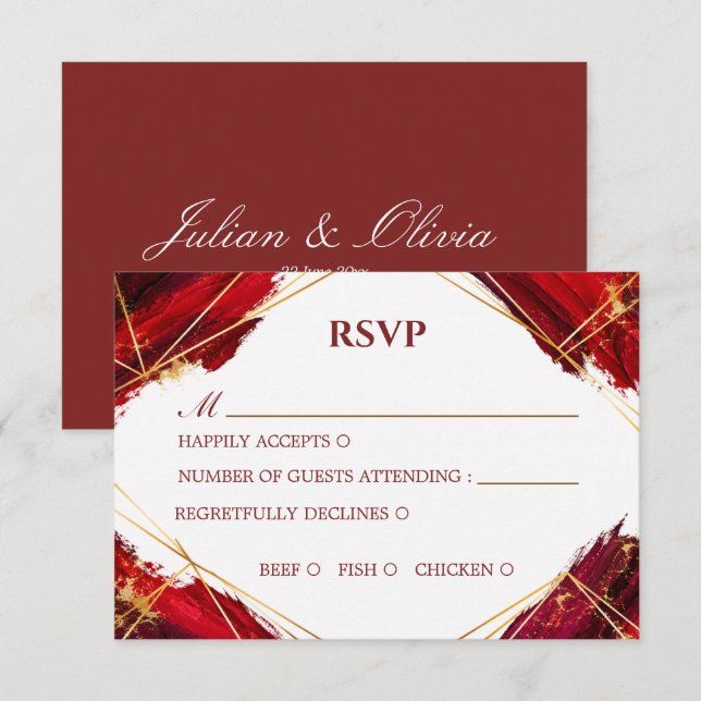Cartão de RSVP Geométrico Luxuoso em Borgonha e Do (Frente/Verso)
