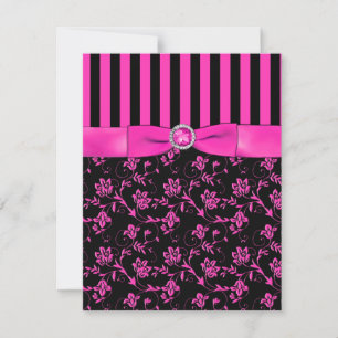 Cartão de RSVP Listrado de Preto e Rosa Neon com J