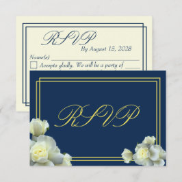 Cartão de RSVP minimalista de rosas brancas azul-n