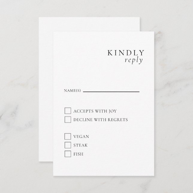 Cartão de RSVP minimalista elegante preto e branco (Frente/Verso)