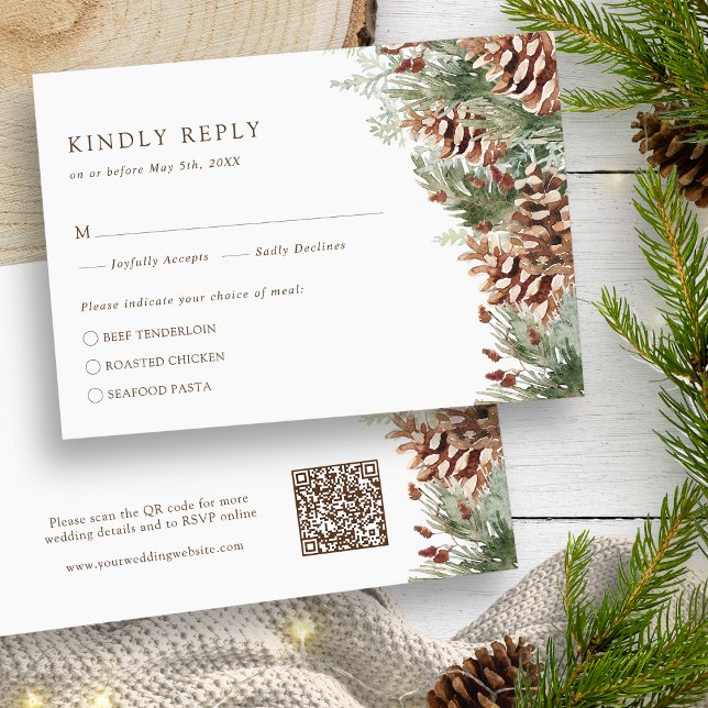 Cartão de RSVP Pine Winter (White Watercolor Evergreen Pine Winter RSVP Card QR Code by Painted Paperie
)