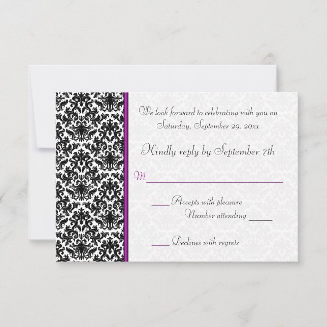 Cartão de RSVP Preto, Branco e Damask Roxo (Frente)