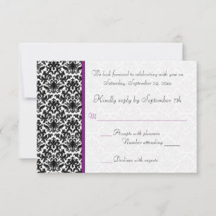 Cartão de RSVP Preto, Branco e Damask Roxo