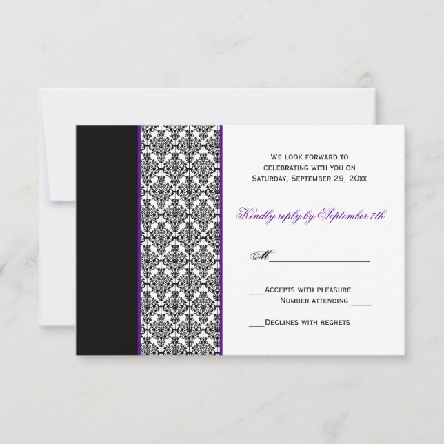 Cartão de RSVP Preto Branco Roxo Damask (Frente)