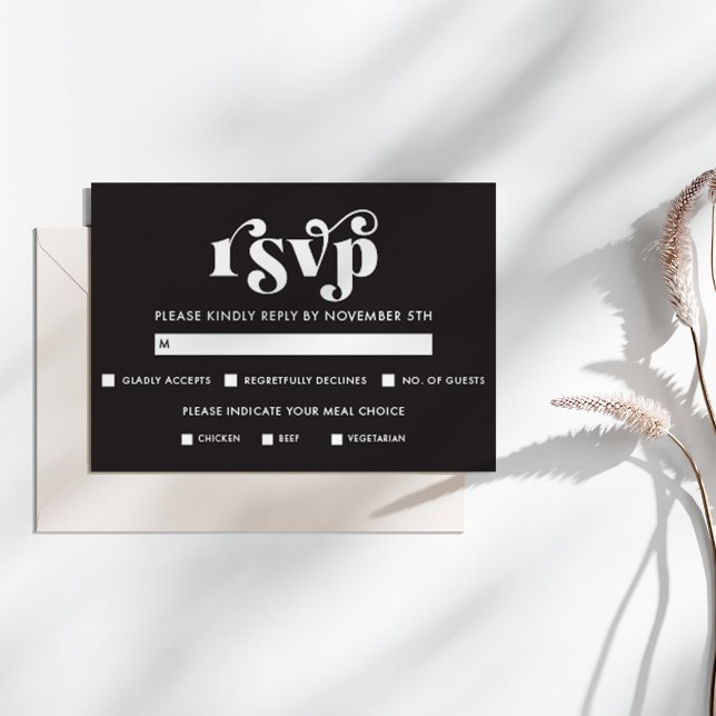 Cartão de RSVP Preto e Branco Simples Moderno (Criador carregado)