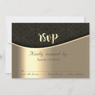 Cartão de RSVP Preto Elegante com Damasco Dourado