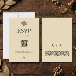 Cartão de RSVP QR com Brasão Medieval de Nó Celta 