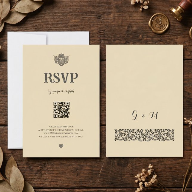 Cartão de RSVP QR com Brasão Medieval de Nó Celta  (Criador carregado)