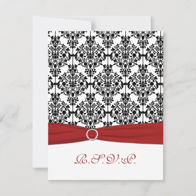 Cartão de RSVP Red, White e Black Damask II (Frente)