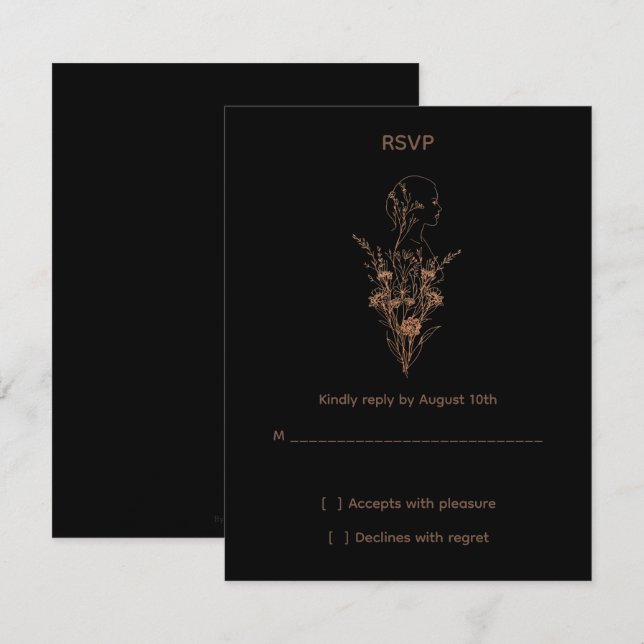 Cartão de RSVP Rosa Dourado Flor Silvestre Minimal (Frente/Verso)