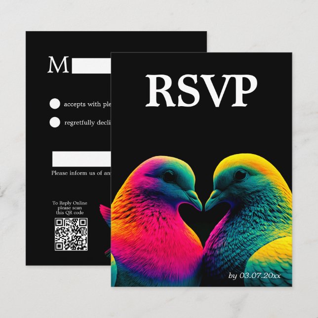 🌈  Cartão de RSVP Simples com Código QR Pombas da (Frente/Verso)
