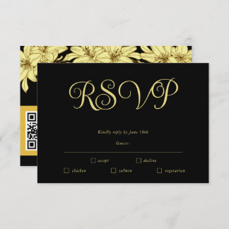 Cartão de RSVP Simples e Elegante Preto e Dourado