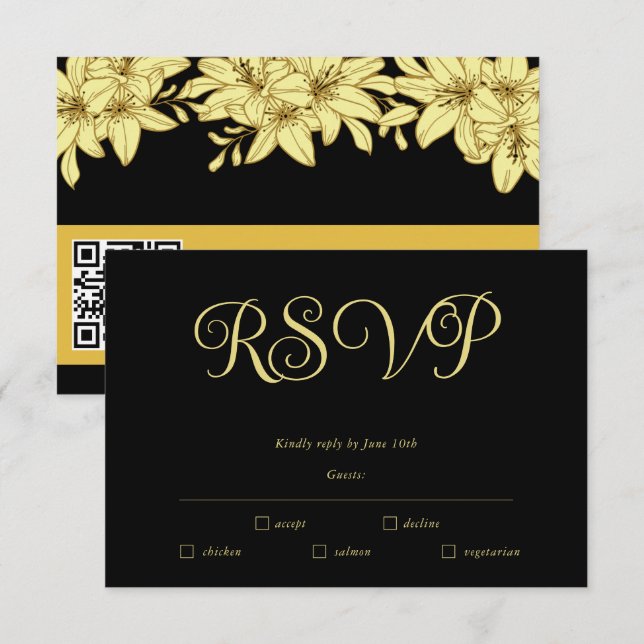 Cartão de RSVP Simples Elegante Preto e Dourado (Frente/Verso)