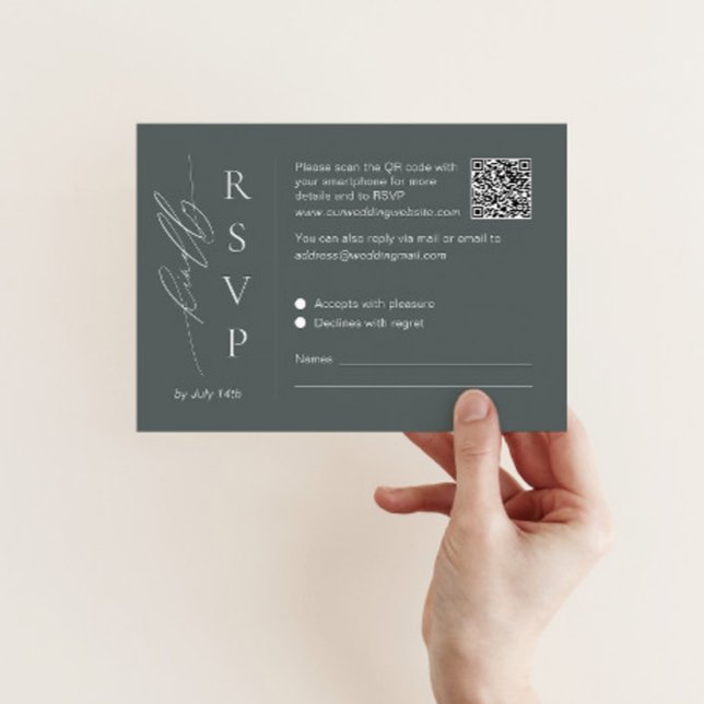 Cartão de RSVP verde sálvia com código QR e letra  (Criador carregado)