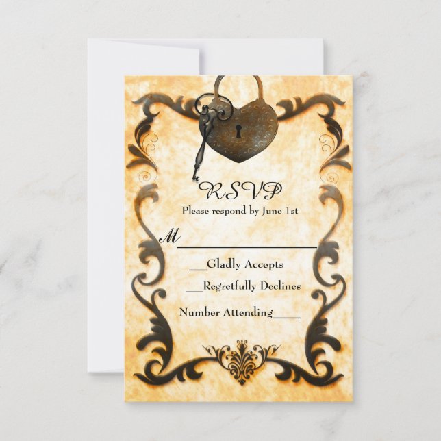 Cartão de RSVP Vintage Antigo Heart Lock & Key (Frente)