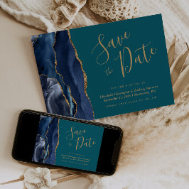 Cartão de Salvar a Data Azul Navy Dourado Ágata Ve