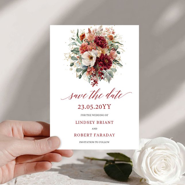 Cartão de Salvar a Data Boho Borgonha Verde Dourad (Boho Burgundy Greenery Gold Save The Date Card

)