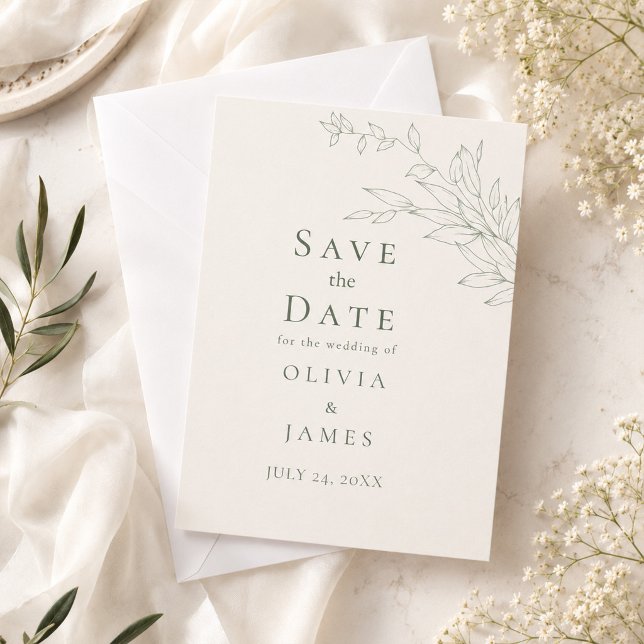 Cartão de Salvar a Data Botânico Sábio Moderno (Modern Sage Botanical Save the Date Card on an elegant table with tiny flowers)