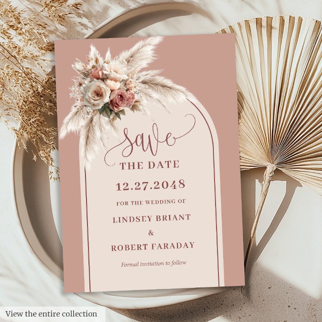 Cartão de Salvar a Data com Arco de Grama de Pampa (Elegant Boho Pampas Grass Arch Save the Date Card)
