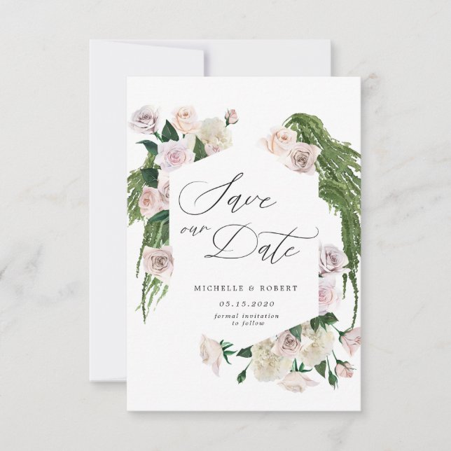 Cartão de Salvar a Data com floral sofisticado ros (Frente)