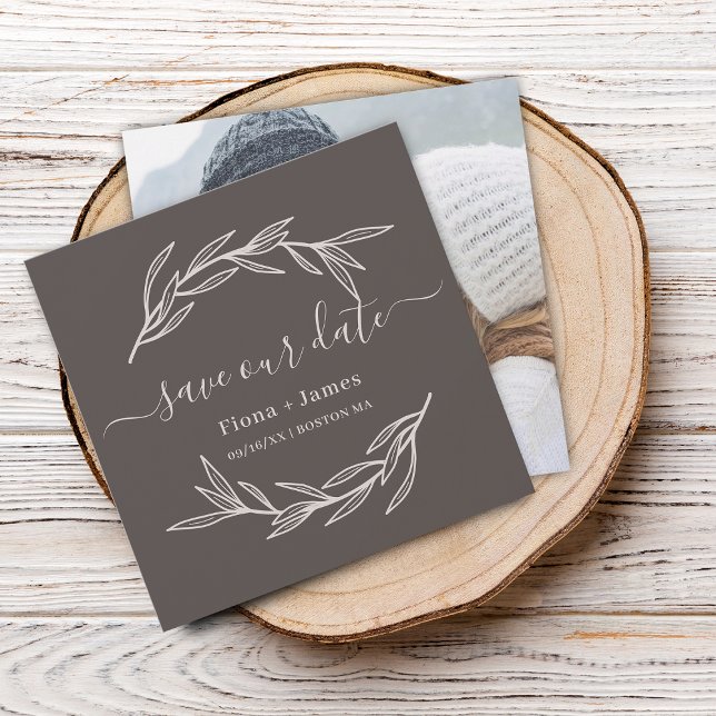 Cartão de Salvar a Data com Foto de Folha de Louro (Elegant Laurel Leaf Photo Save The Date Card)