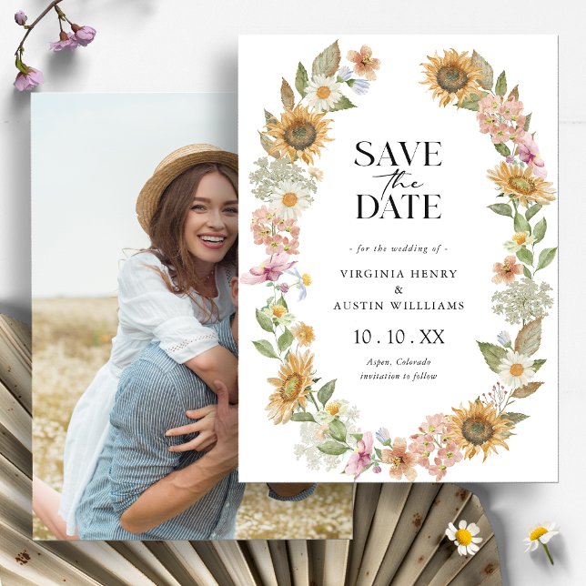 Cartão de Salvar a Data com Foto de Girassol (Watercolor Wildflower Sunflower Wreath Floral Photo Save the Date Card
by Painted Paperie)